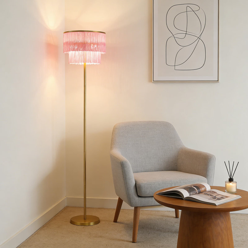 Lampe sur pied 66 pouces avec abat-jour pompon à deux niveaux de 66 pouces, lampe sur pied de style Mid-Century moderne pour un éclairage ambiant doux dans la chambre à coucher, le salon ou la chambre de bébé