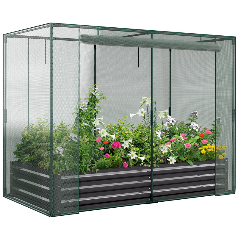 Galvanized Raised Garden Bed Kit W/Crop Cage Anti-Bird Netting Mesh Cover, 71" X 35.4" X 59" Large Metal Outdoor Planter Garden Boxes W/ 2 Roll-Up Zippered Doors