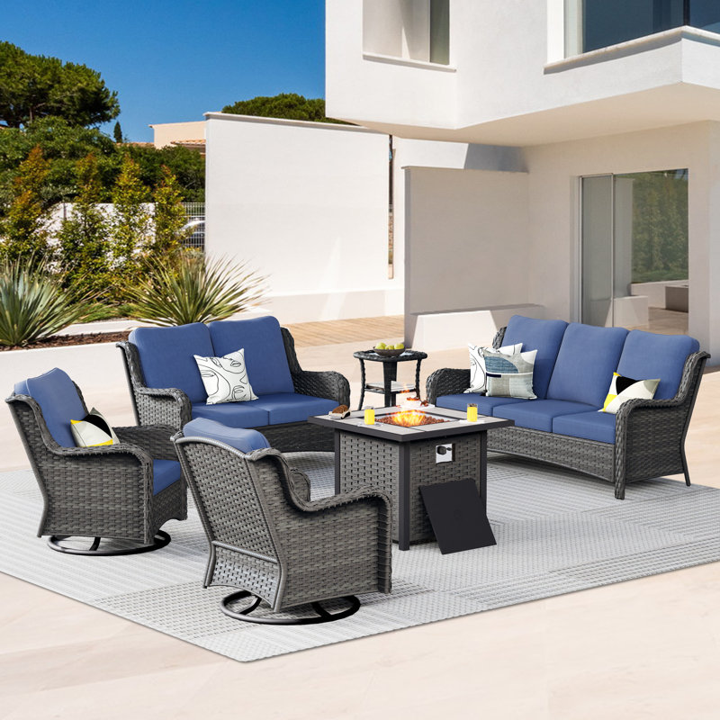 Ensemble de conversation avec foyer 6 pièces avec coussins Aschraf, Bleu denim, H 24,8 po x l 30 po x P 30 po, Gris