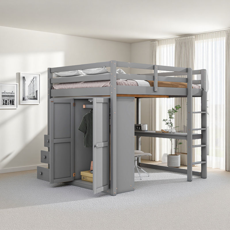 Wood Full Size Loft Bed With Built-In Wardrobe, Grey