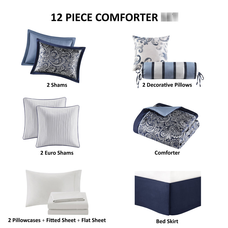 12 pièces d'édredon bleu marine. Draps en coton. Collection de literie élégante Allure Paisley Bedding, Marine