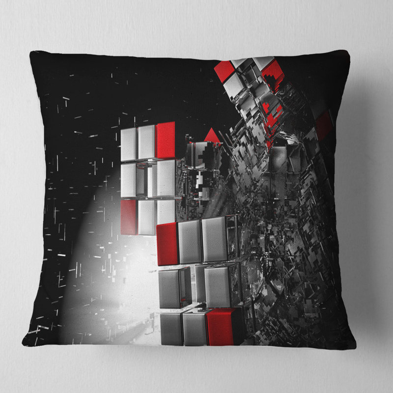Fractal 3D Red White Cubes - coussin imprimé abstrait, 18 po x 18 po, Coussin décoratif