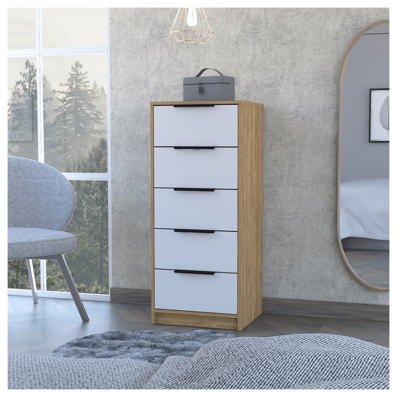 Commode à 5 tiroirs Washington Modern - Commode de rangement en chêne clair et blanc avec tiroirs spacieux