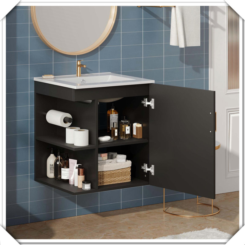 Meuble-lavabo mural moderne avec évier et porte à fermeture en douceur, Noir