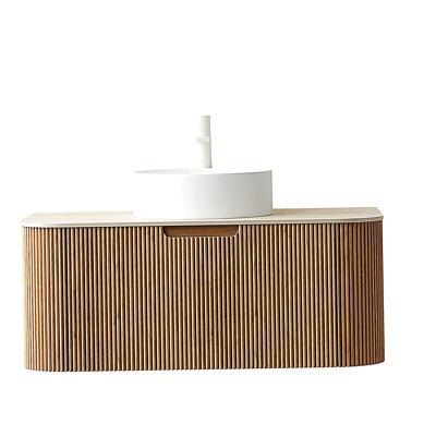 Meuble-lavabo de salle de bain 36 po Dina, armoire de rangement en contreplaqué rayé à bord arrondi avec tiroir, vasque en céramique ronde blanche et plateau en pierre frittée à motif de travertin, pré-assemblé, couleur grain de bois naturel