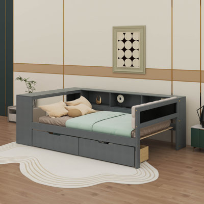 Lit plateforme double avec tablettes, tiroirs et tête de lit tapissier