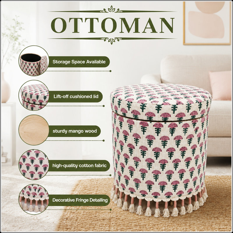 Repose-pieds de rangement bohème avec franges, tabouret rembourré avec rangement caché, 16 x 16 x 18, parfait pour organiser et décorer