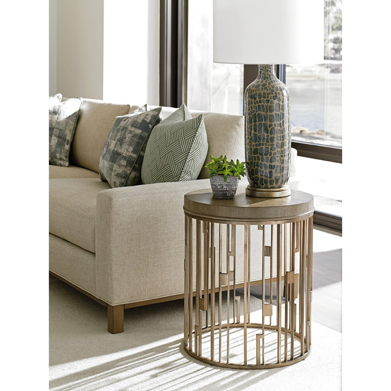 Beige Round Wood and Metal Accent Table