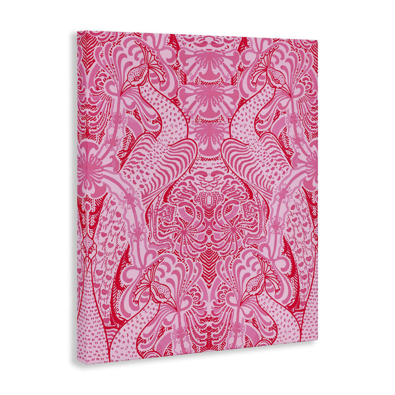 Paon orné et fleurs sur toile rose, design par Lil 'Rue, H 20 po x l 16 po