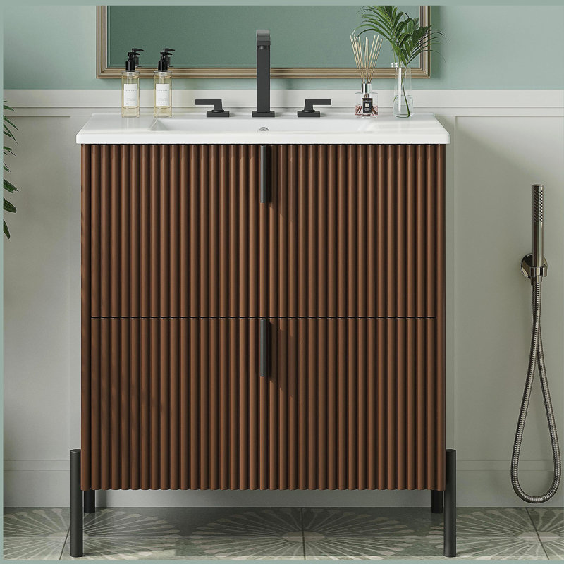 Bathroom Vanity with Ceramic Sink, Equipped with Vertical Pulls and Full-Extension Drawers, Freestanding Bathroom Vanity with Soft Close Drawer Slides