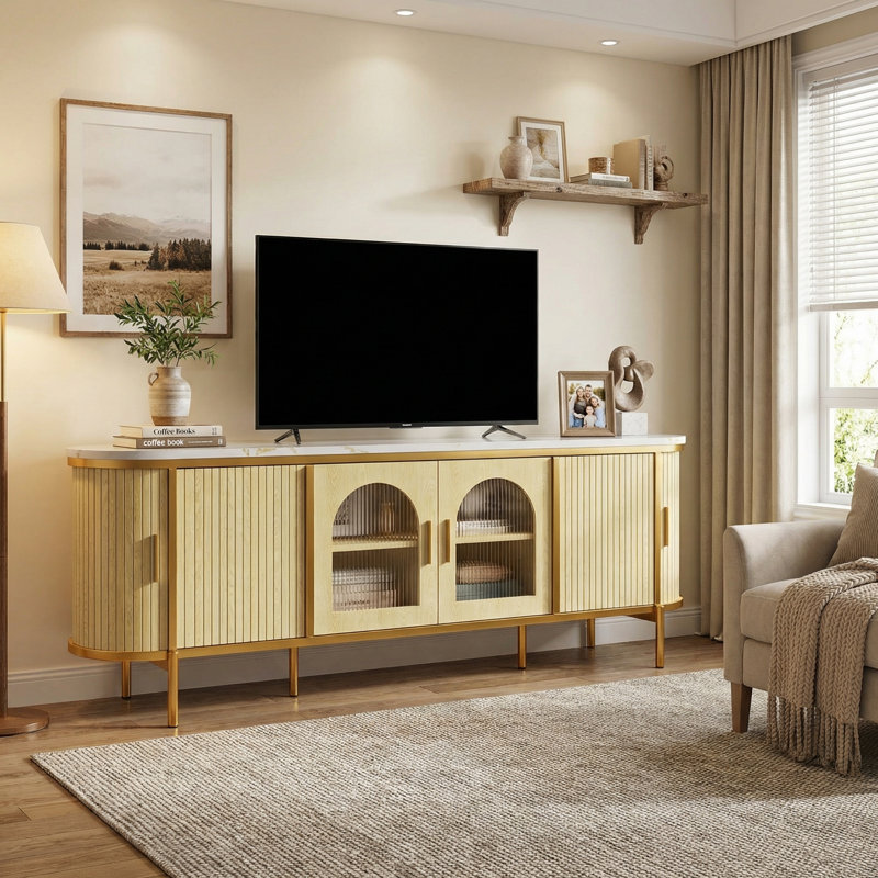 70" Oak Fluted Entertainment Center – Contemporary TV Console With Sliding Reeded Glass Doors, Adjustable Shelving & Large Hidden Storage