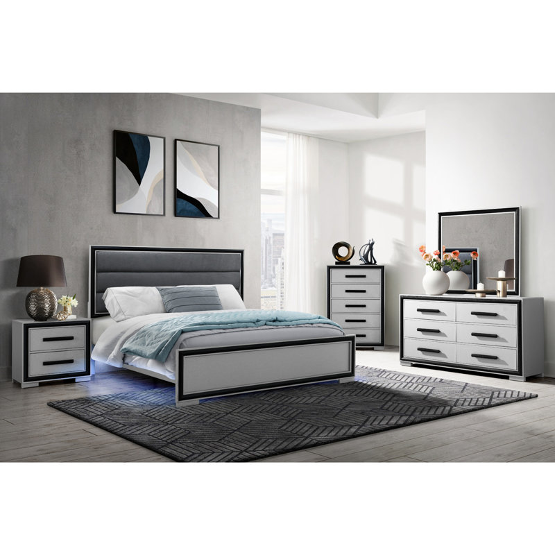 Très grand lit avec éclairage à DEL - noir gris, bois massif et tête de lit tapissier, argent élégant, garniture décorative noire, 84 po X 79 56 po, l 111,32 lb x P 79 po x H 56 po