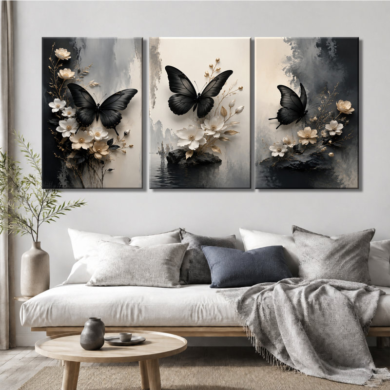 Tableau mural à 3 panneaux, motif papillon et fleurs, impression sur toile tendue pour salon, 24 * 36 pouces * 3