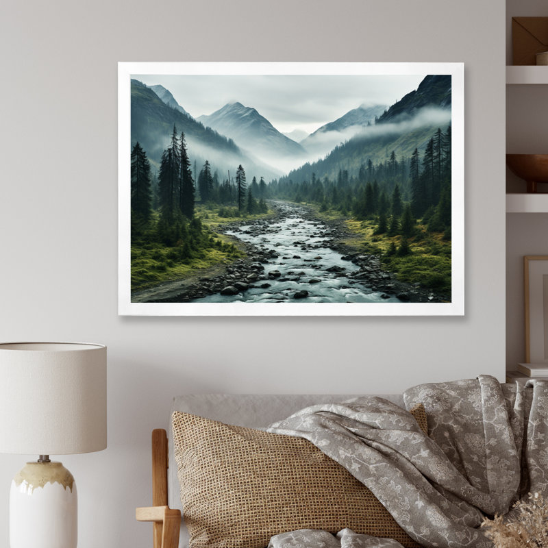Canada Misty Mountains - impression, Cadre simple blanc, H 16 po x l 32 po x P 1 po