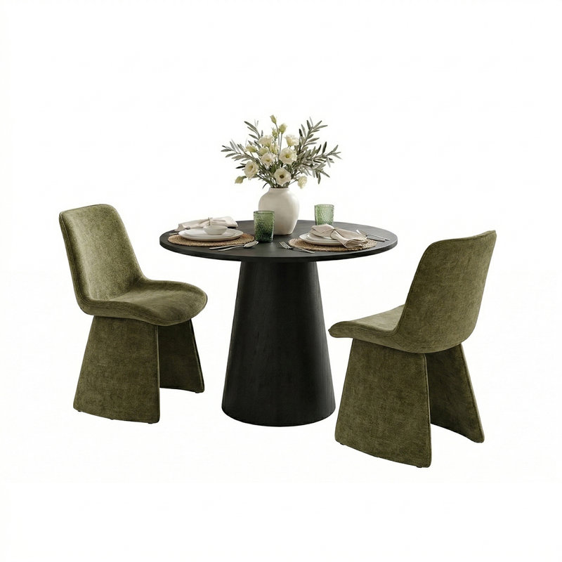 35" Round Pedestal Dining Table Set With 2 Upholstered Dining Chairs, Green