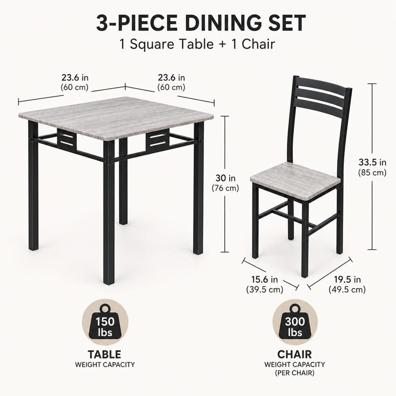 Ensemble de table à manger carrée compacte de 4 pièces pour 3 personnes, Grain de bois noir