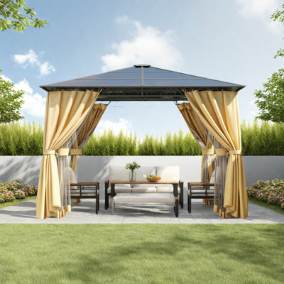 Pavillon de jardin avec toit rigide en polycarbonate, pavillon de patio avec cadre en aluminium, moustiquaire et écrans d'intimité pour l'ombre et la pluie, tente de jardin pour la cour, le jardin, la pelouse