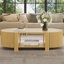 Table basse ovale cannelée avec rangement pour le salon, bois d'hévéa massif, 1 tablette et 2 portes de rangement ouvertes, 47 po-1650468216