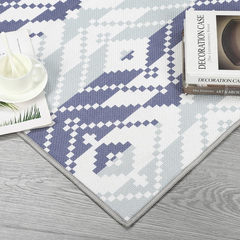 Waterproof & Washable Outdoor Rug - Low-Pile Modern Geometric Patio Carpet - Collapsible, Mark Resistant Area Rug for Backyard, Deck, Camping, Balcony, Living Room - Blue and White, 5x8ft