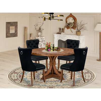 Ensemble de table de cuisine 5 pièces en polyester 4 chaises de salle à manger noires, dossier capitonné et table de salle à manger ronde de 54 po au fini noyer antique.