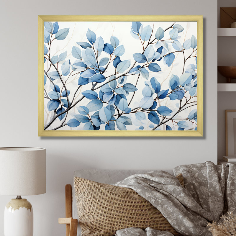 «Blue and Gray Leaves», art mural encadré feuilles, H 34 po x l 44 po x P 1,5 po, Cadre doré simple