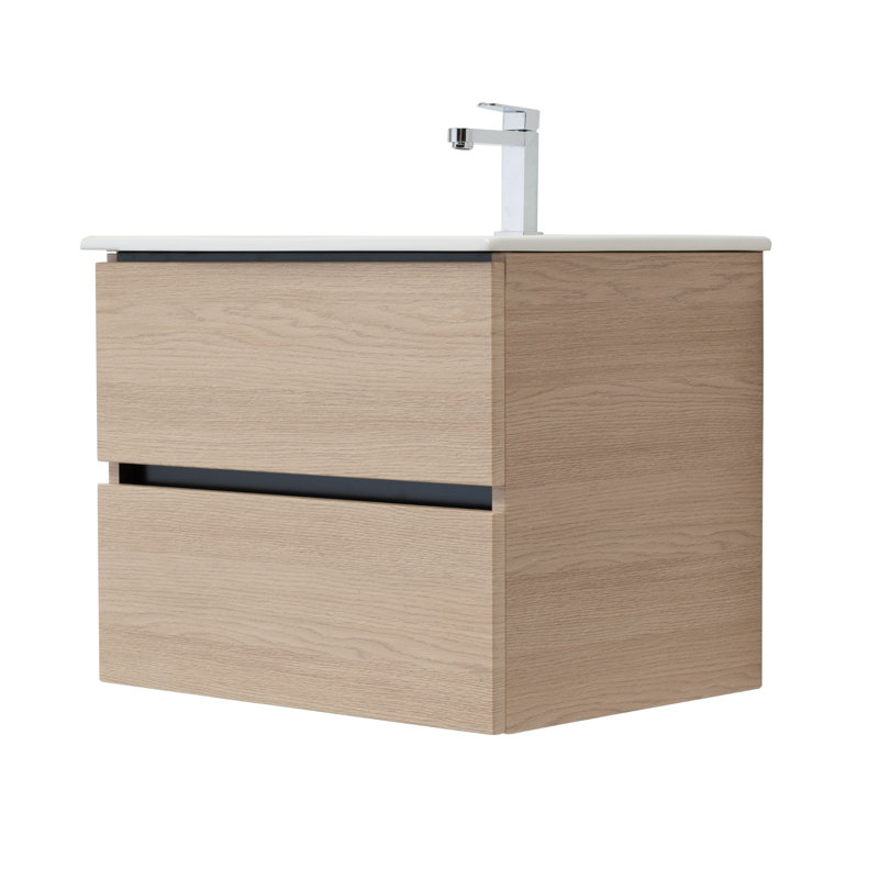Relja Veneto 24″ Wall Mount Single Bathroom Vanity with Ceramic Top, Light Oak, White