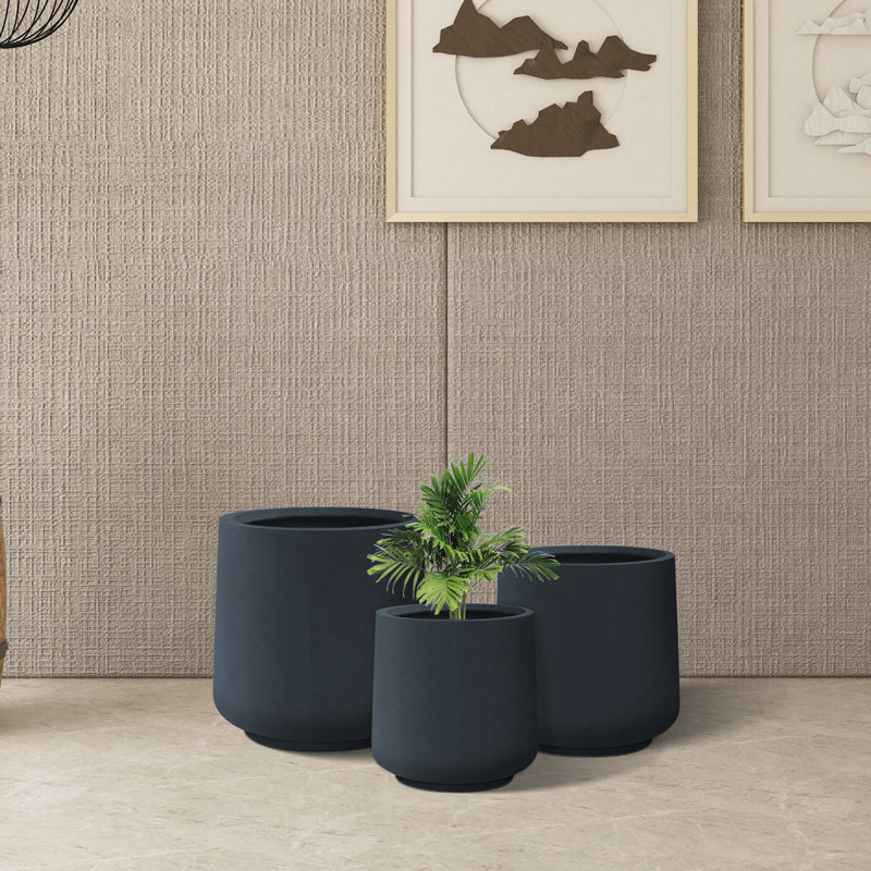Kante Charcoal Concrete Round Planters with Drainage Holes Set
