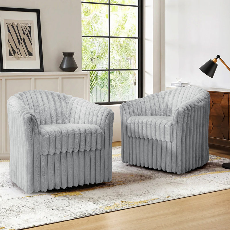 Aunna 78.2Cm Wide Swivel Barrel Chair, Blue Grey Faux Fur
