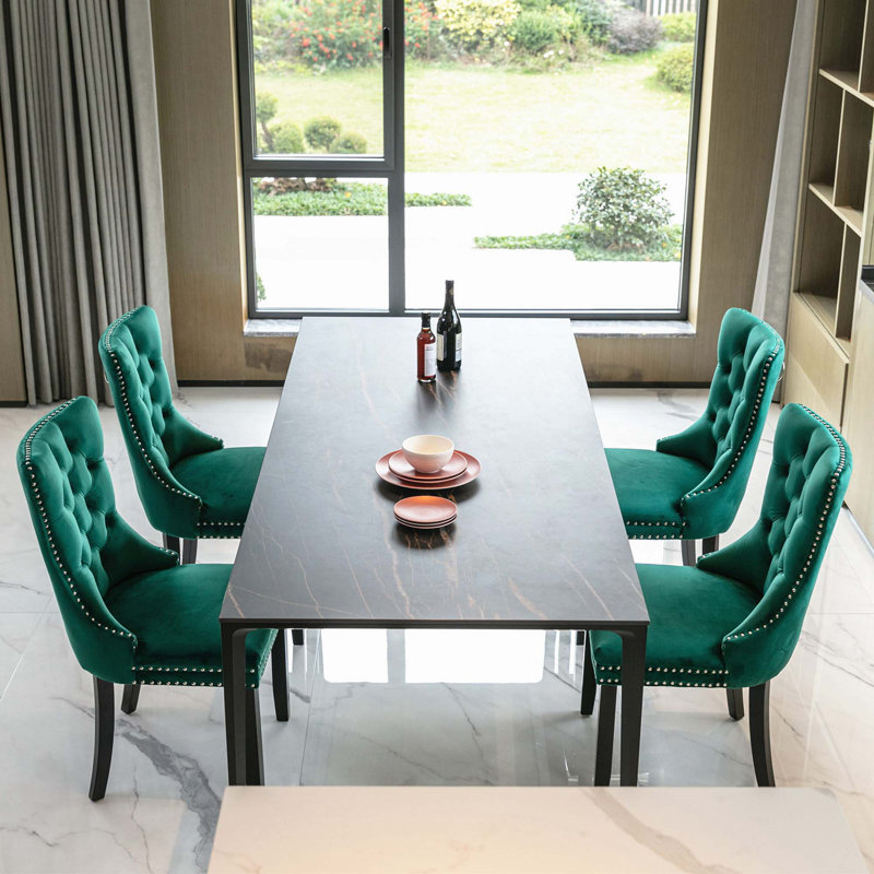 Gaje Velvet Side Chair, Black, Green