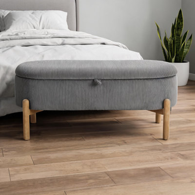 Banc en velours côtelé gris style Mid-Century avec pieds en bois stables et siège de rangement moderne