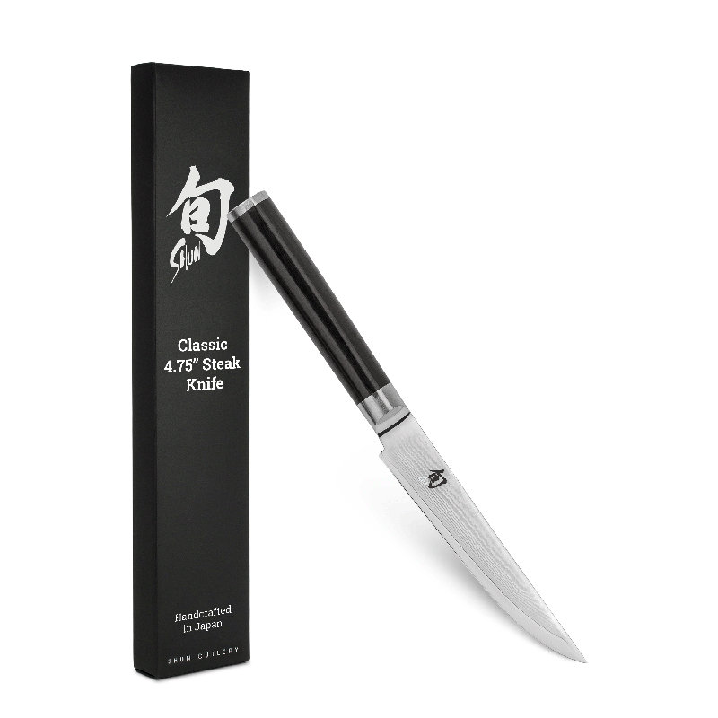 Shun Classic 4.75" Steak Knife, Handcrafted Japanese Knife, VG-MAX Core with Damascus Stainless Steel Cladding, Pakkawood Handle, Serrated Steak Knife for Professional and Home Chefs