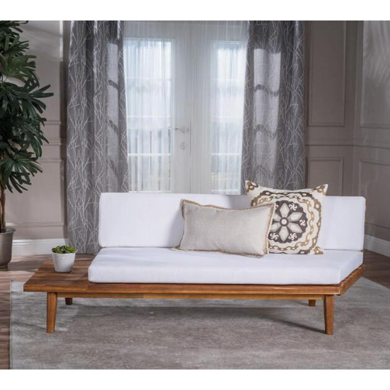 Outdoor Patio Acacia Wood 2-Seat Sofa, Brown, White
