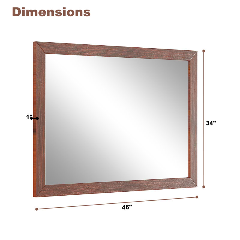 Miroir mural mural en bois massif, miroir droit de salle de bain de 5 mm,, 34 po x 48 po, Brun traditionnel