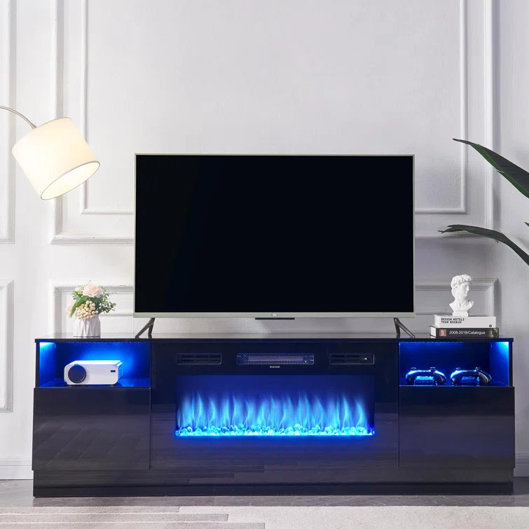 Black 70'' TV Stand with 36'' Electric Fireplace and LED Lights