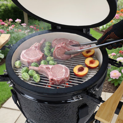 18-Inch Ceramic Charcoal Grill and Smoker in Red with Cart, Side Shelves, Grill Gripper, and Ash Tool – 250 Cooking Square Inches, 2-Tier Cooking System for Outdoor BBQ