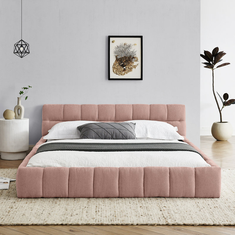 Chenille Fabric Grounded Upholstered Bed Frame with Thick Fabric, Pink, King, Pine