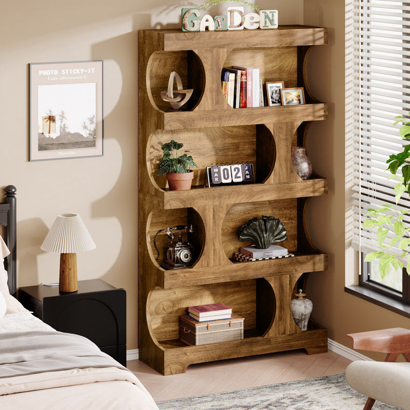 71" Tall Bookcase, 4-Tier S-Shaped Bookshelf, Brown