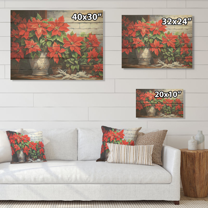 Poinsettias Farmhouse Still Life - Poinsettias Wood Art On Natural Pine Wood, 10" H x 20" W
