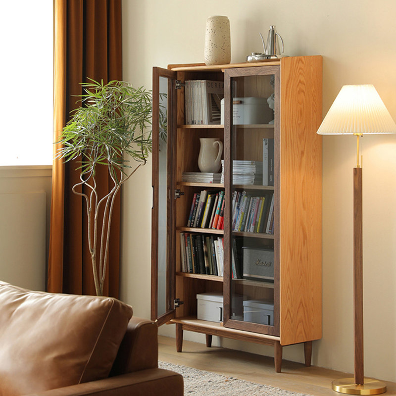 Bibliothèque de style japonais avec portes d'armoire en verre, Brun / brun orangé