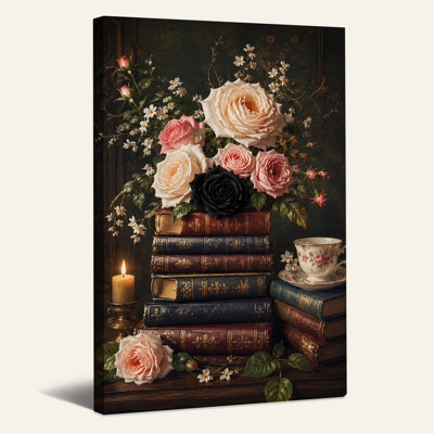 Art rétro sur toile, livres rétro avec roses roses et noires