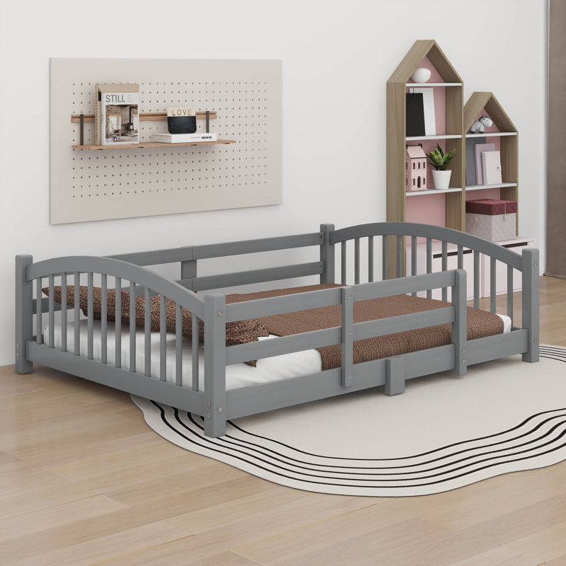 Full Size Floor Bed With Slats And Safety Guardrails, Wood Floor Bed Frame With Fence, Gray