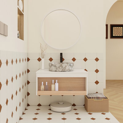 30-inch Floating Bathroom Vanity with Round Vessel Sink and Open Shelf