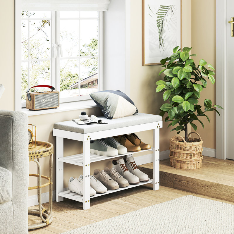 3 étagères à chaussures avec banc rembourré pour le salon, coussin réglable à finition blanche dans le vestibule, White