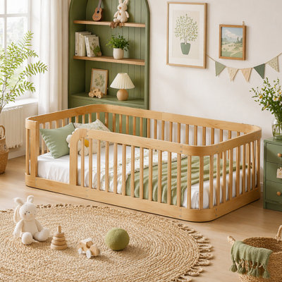 Natural Wood Floor Bed Frame with Fence for Kids' Bedroom, Ideal for Creating a Cozy and Safe Sleeping Space