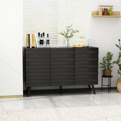 Modern 3-Door Storage Cabinet With Carved Doors & Wooden Legs, Black