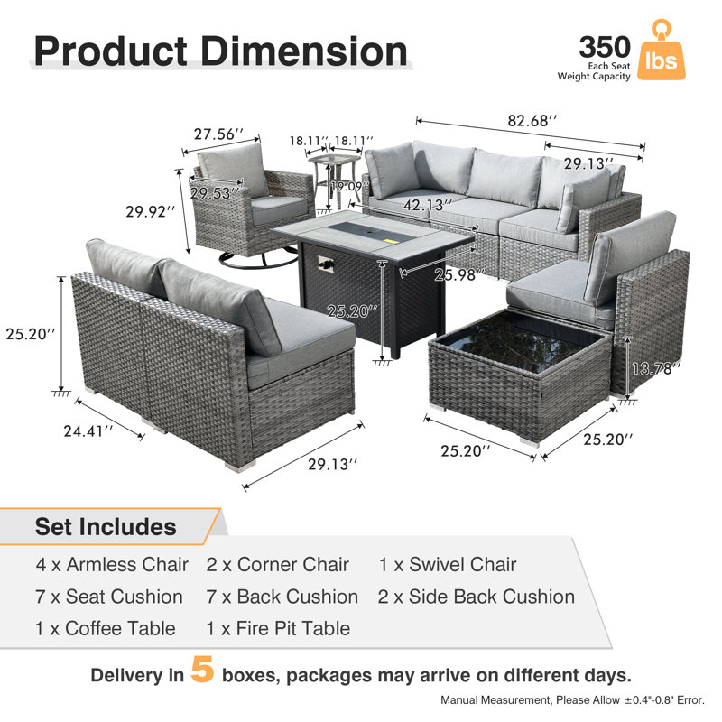 Zelmiro Wicker 8 - Person Patio Conversation Set with Cushions, Dark Gray
