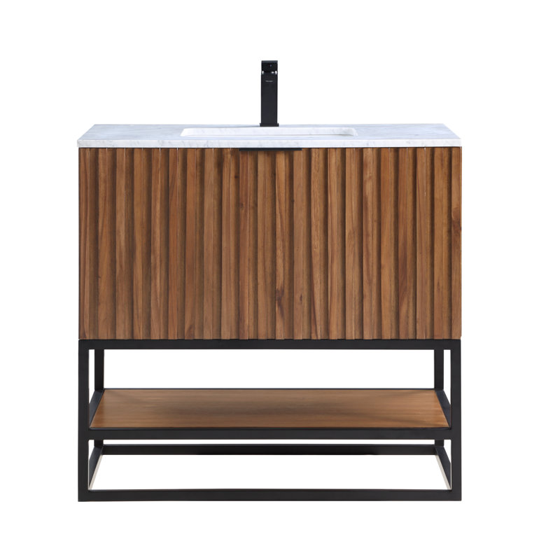 Terra 36'' Single Bathroom Vanity with Top, Carrara Marble/Single Faucet Mount, Walnut, Matte Black