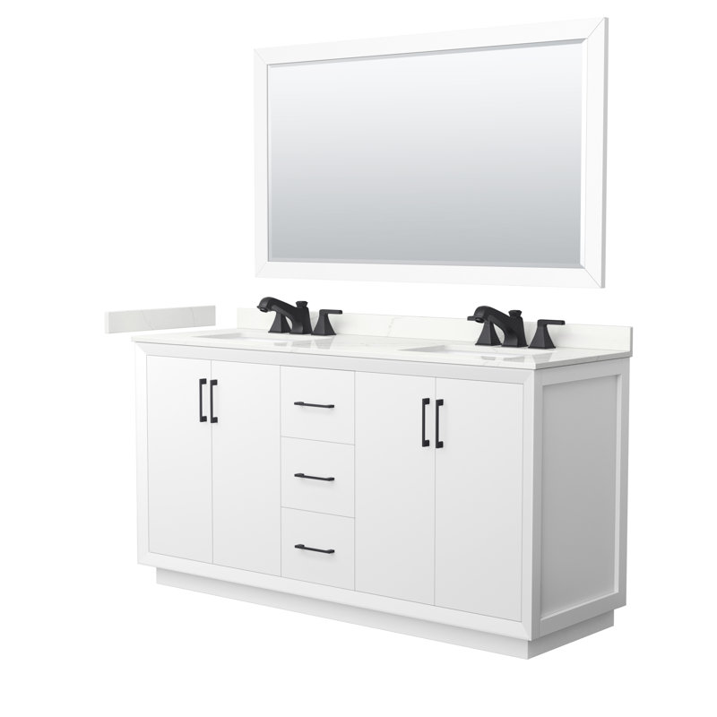 Strada 66'' W Double Vanity, Giotto Quartz, White, Brushed Nickel
