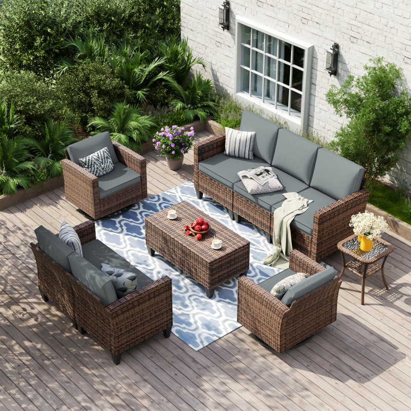 Kisner 7 - Person Outdoor Wicker Sofa Seating Group With Cushions And Table, Gray