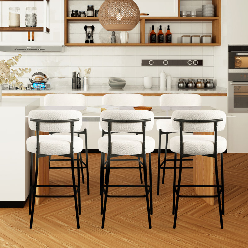 Yosniel Modern Counter Height Bar Stools Set of 6, 28 Inch Upholstered Barstools with Curved Open Back & Round Seat, Plush Bouclé Fabric Bar Chairs for Kitchen Island, Dining Counter & Home Bar, Comfortable & Stylish